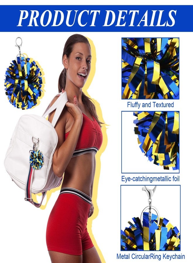Youdaju 24Pcs Cheer Pom Pom Keychain Cheering Keyring Charm Foil Keychain Plastic Pom Cheer Camp Gift Cheerleading Keyring (Blue and Gold) - Image 3